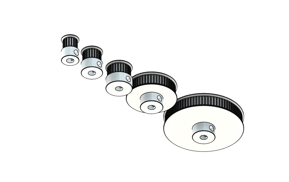 GT2 Pulley Set 16, 20, 25, 50 and 80 tooths, five hole sizes.