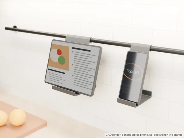 Tablet and Phone Holder for the Round 16 mm Kitchen Rail (Fits IKEA HULTARP) – Clicks On From the Front