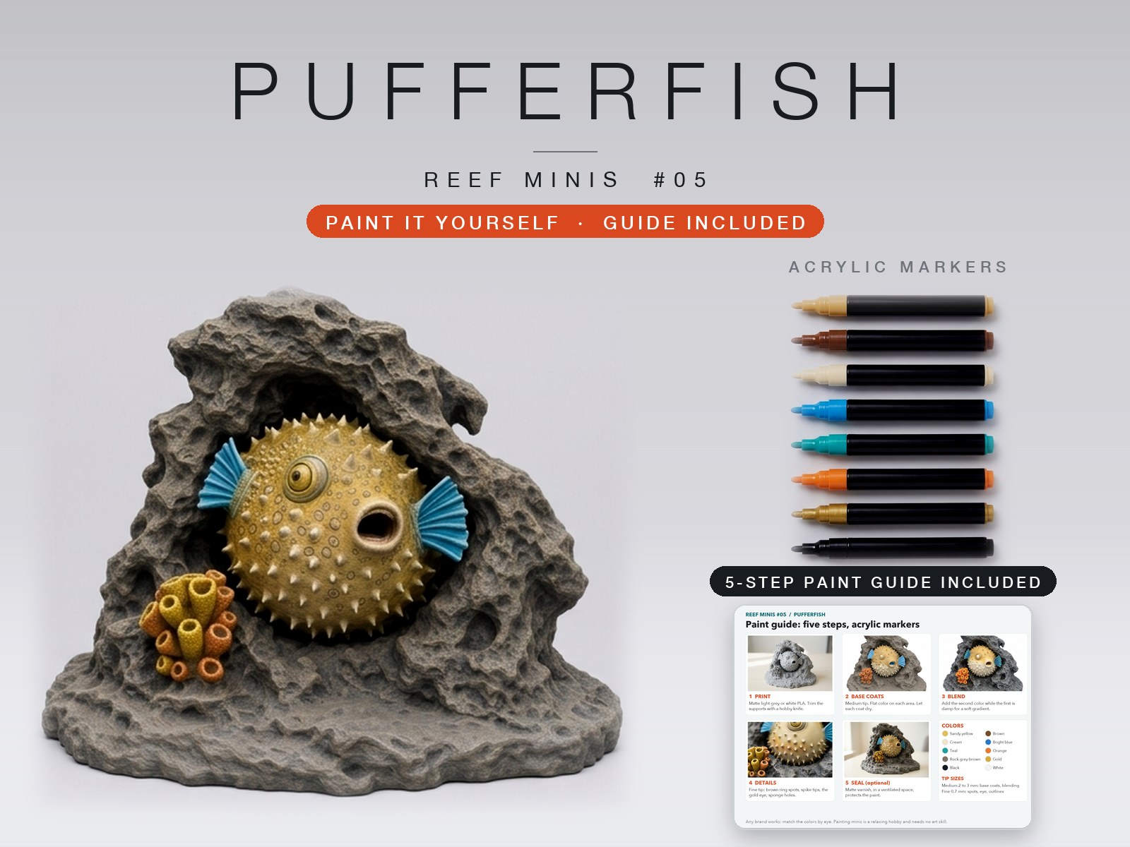 Pufferfish Sculpture, Paintable Rock Reef Diorama