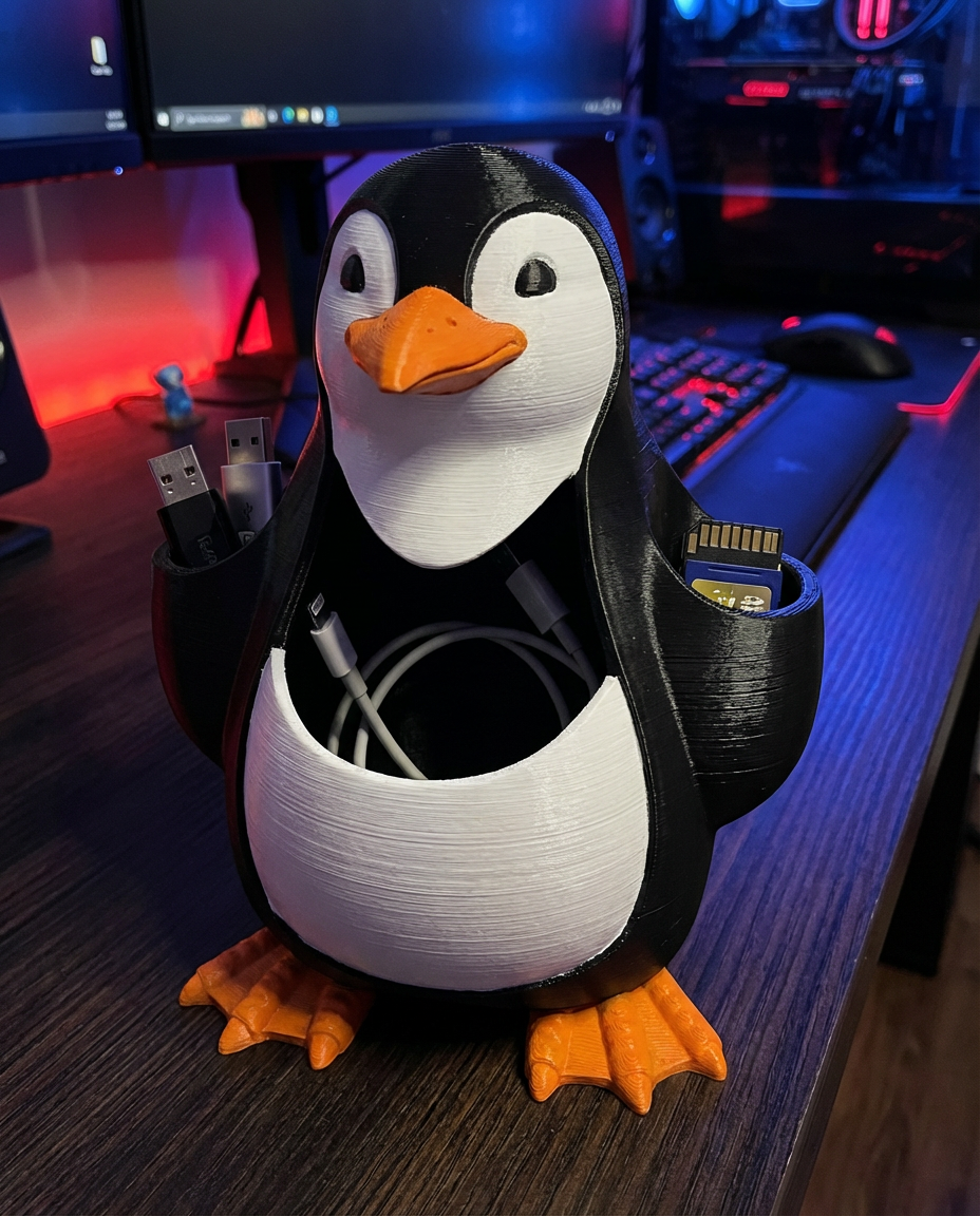 Penguin Desk Organizer | SD Card & Cable Holder | Cute Office Tech Accessory