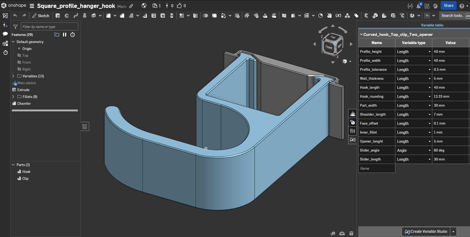 Square bar bag hanger hook - Parametric