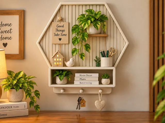 Hexagon Wall Shelf with Key Hooks