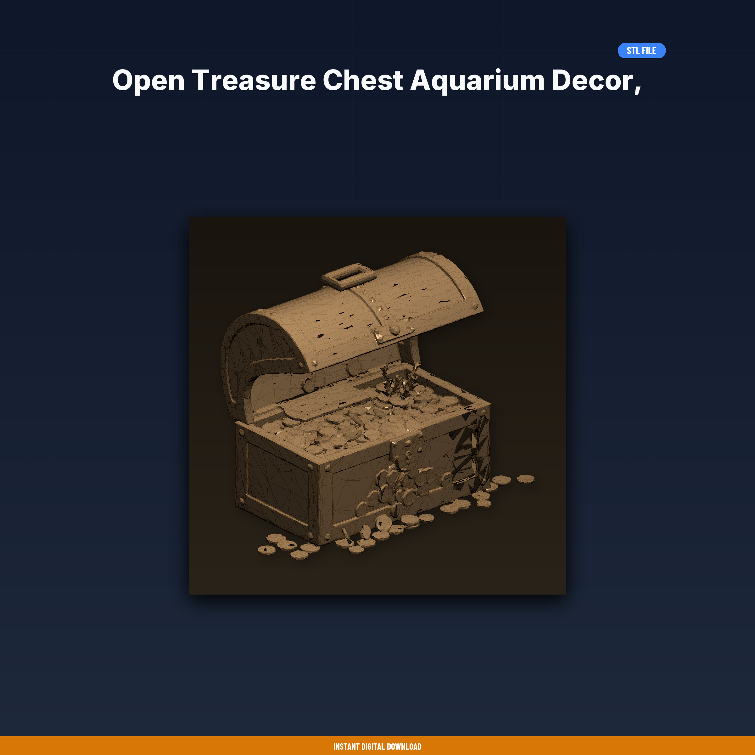 Open Treasure Chest Aquarium Decor, Gold Coins Spilling, Pirate - 3D Printable STL File