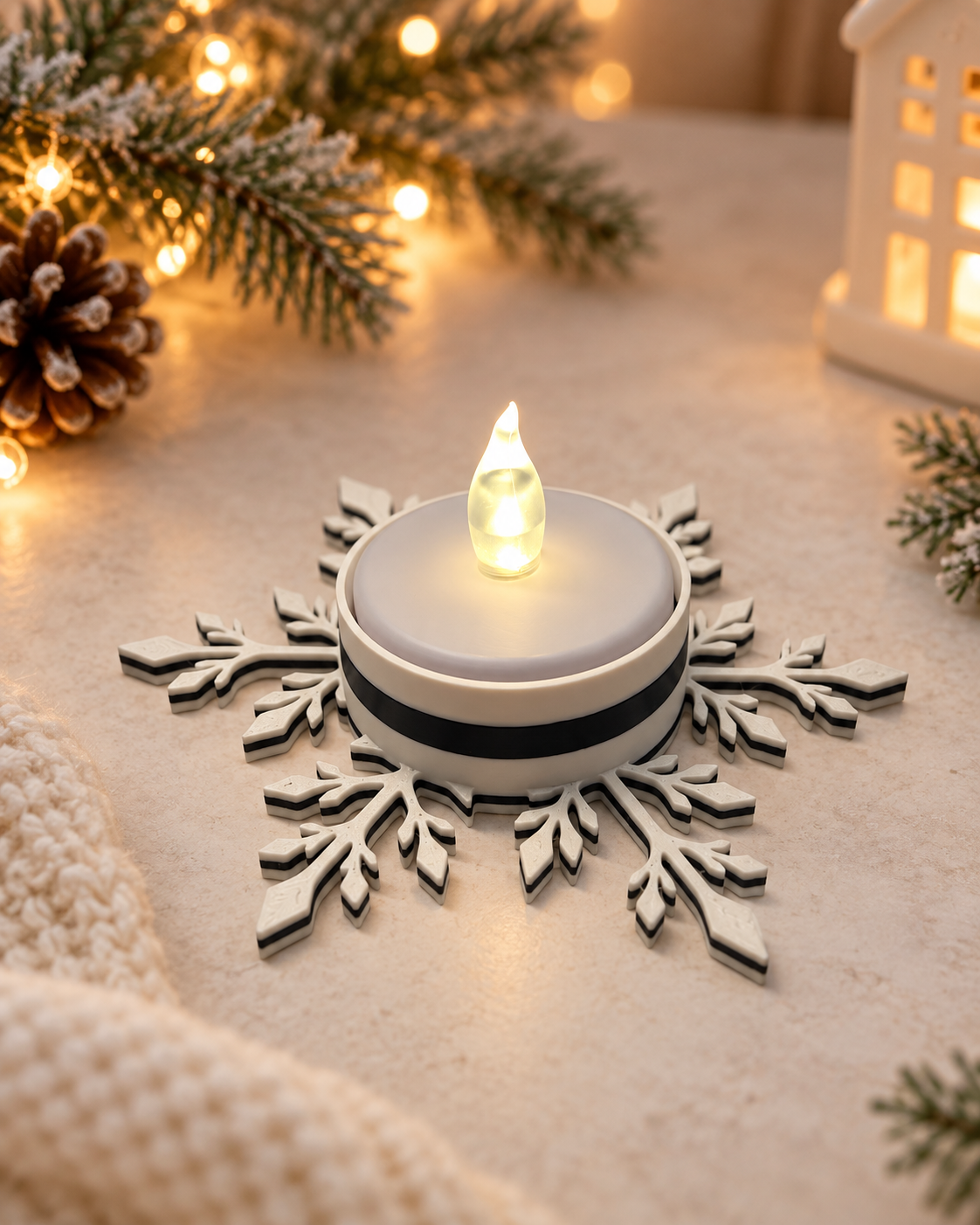 Snowflake LED Tealight Holder – 3D Printed Christmas Candle Holder – Winter Decor – Black & White Snowflake