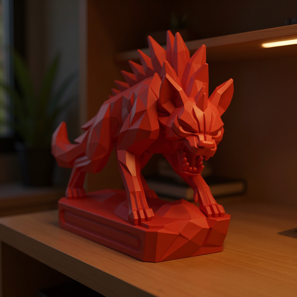 Blazefang Alpha – Feral Low Poly Fire Wolf Statue
