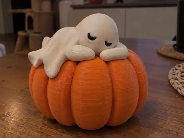 Sleepy Ghost on Pumpkin – Cute Halloween Decor