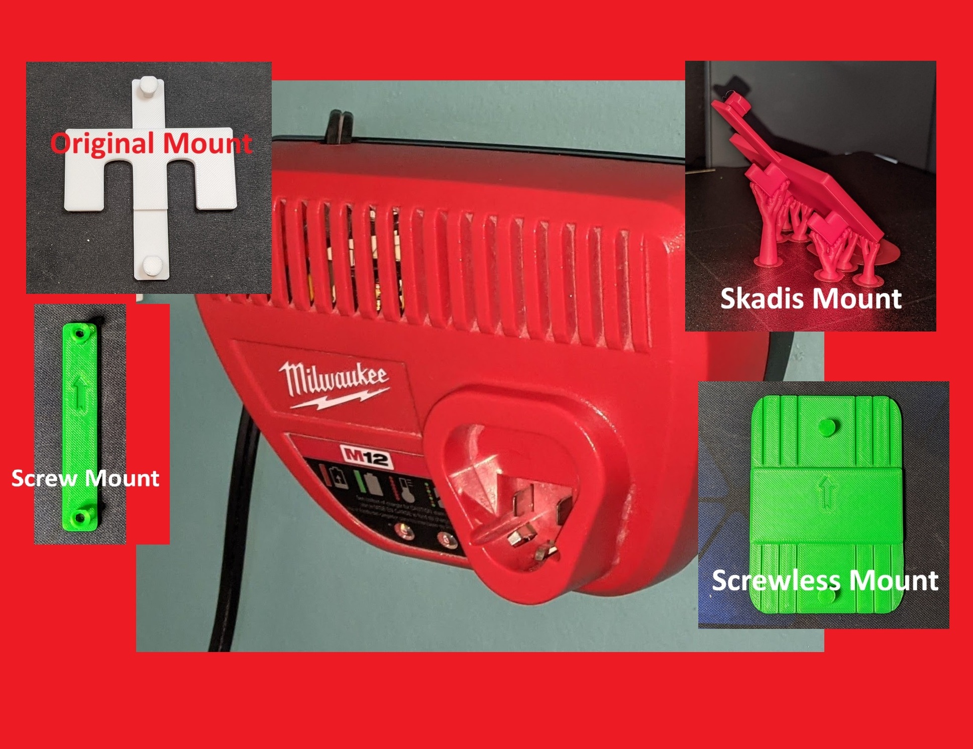 Milwaukee M12 Charger 12V Wallmounts Damage Free, Skadis, Screwless option