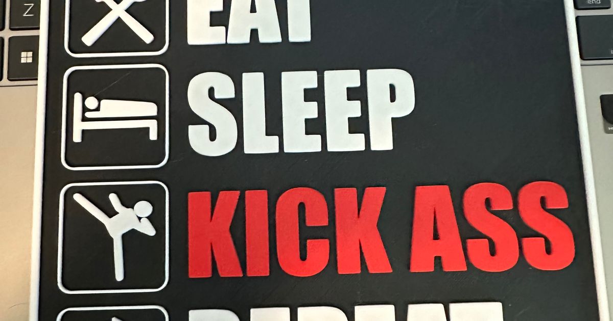 Eat, Sleep, Kick Ass, Repeat Sign (Raised, Embossed, & Flat Versions