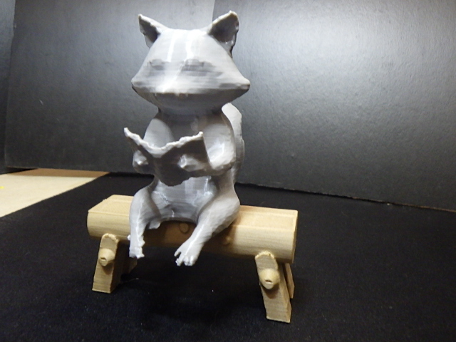 Racoon reading and sitting on a bench.