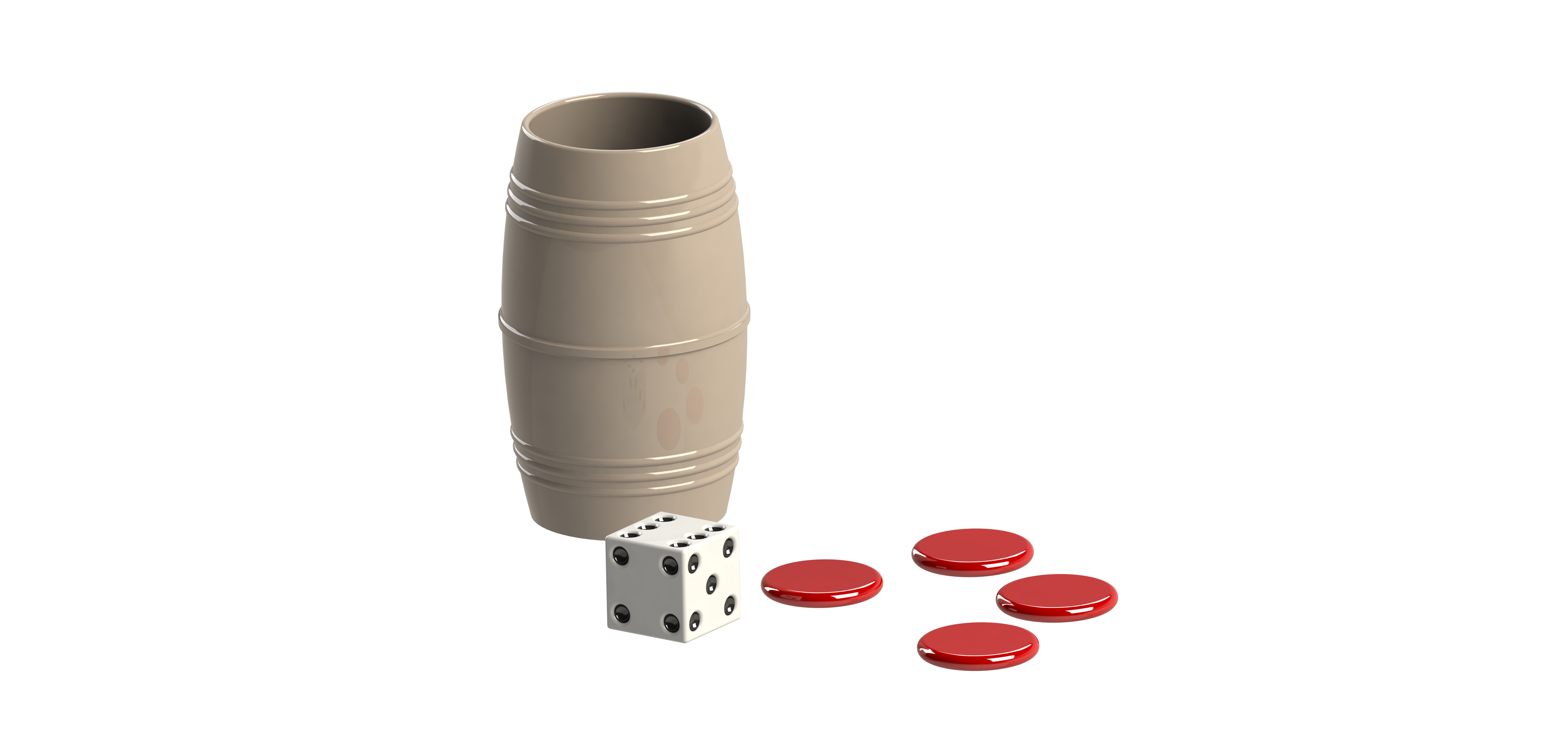 Dice, barrel, and game tokens / Dado, barrica y fichas para juegos