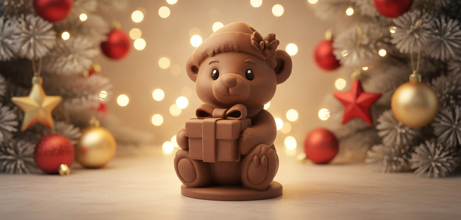 Teddy Bear with Gift and Holly Hat Christmas