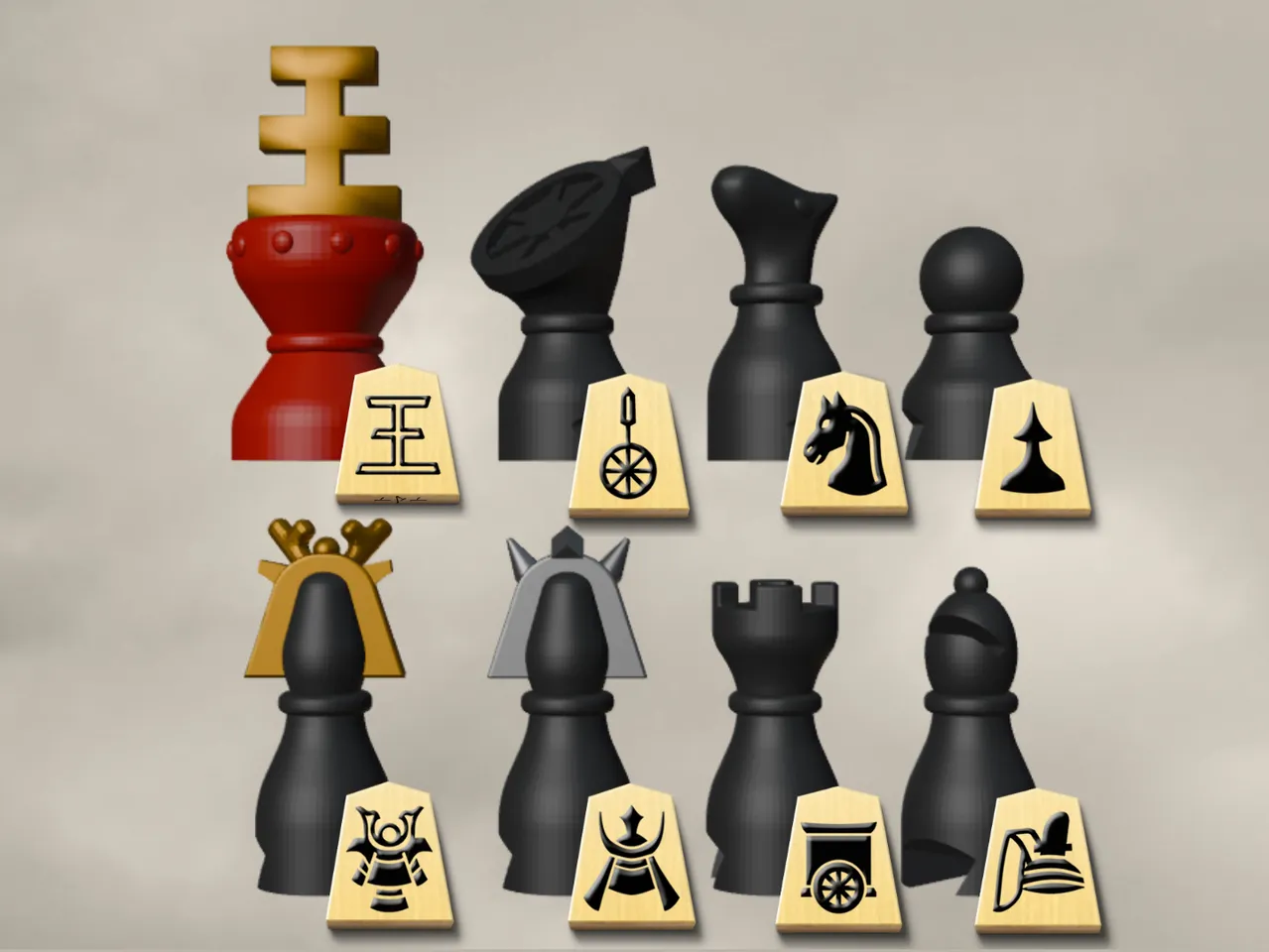 Perbandingan keping Shogi 2D dan 3D