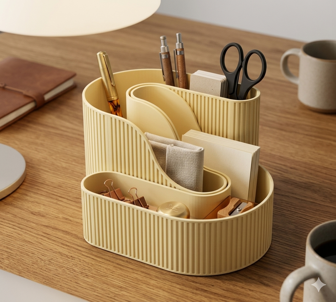Organic Fluted Desk Organizer - Minimalist Stationery Holder 3D model