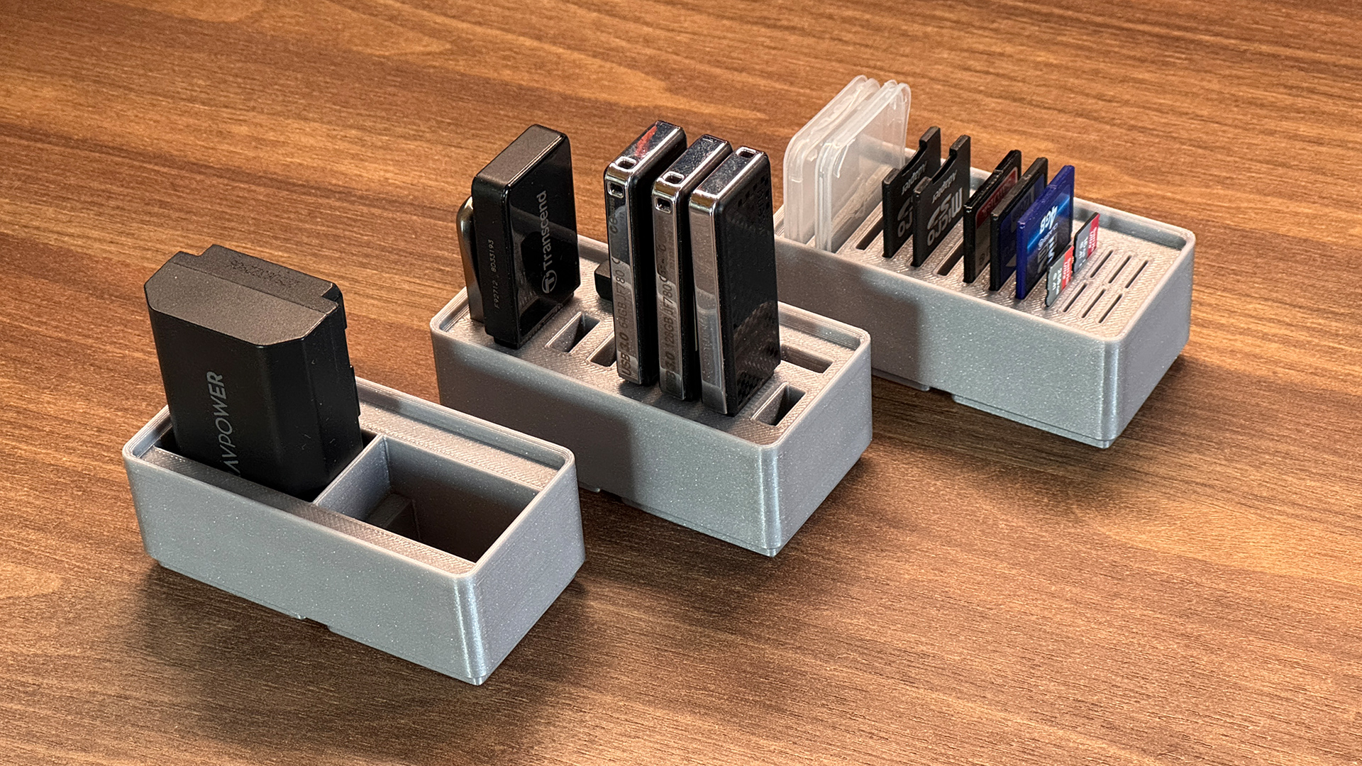 Gridfinity Storage Boxes for USB-Sticks, SD and MicroSD cards, and Sony A7 batteries