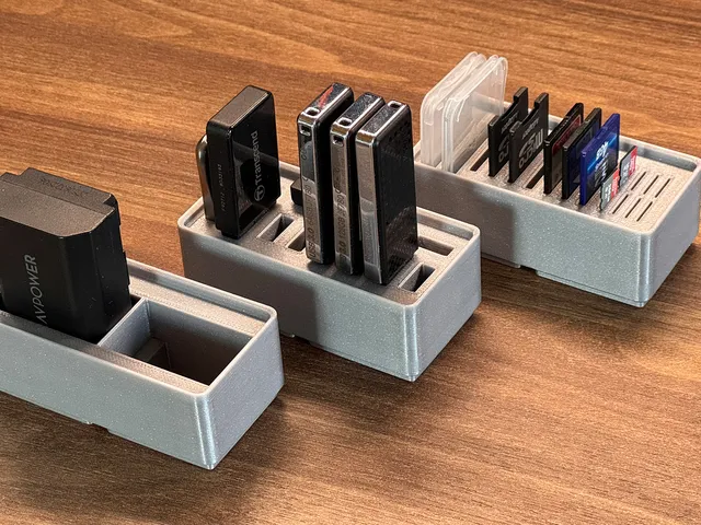 Gridfinity Storage Boxes for USB-Sticks, SD and MicroSD cards, and Sony A7 batteries