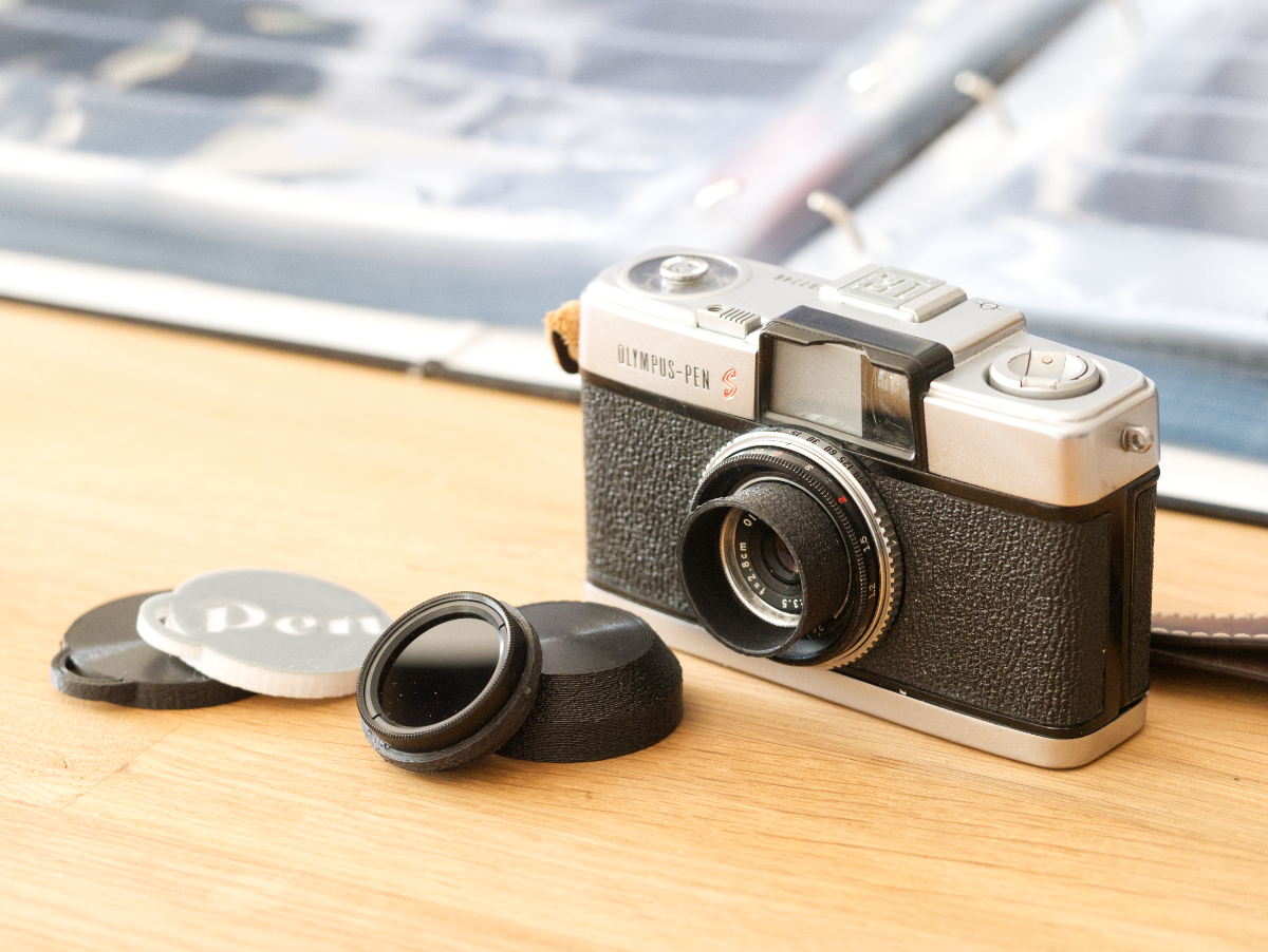 Olympus Pen (analogue camera) 28mm filter adapter, lens hood and lens cap