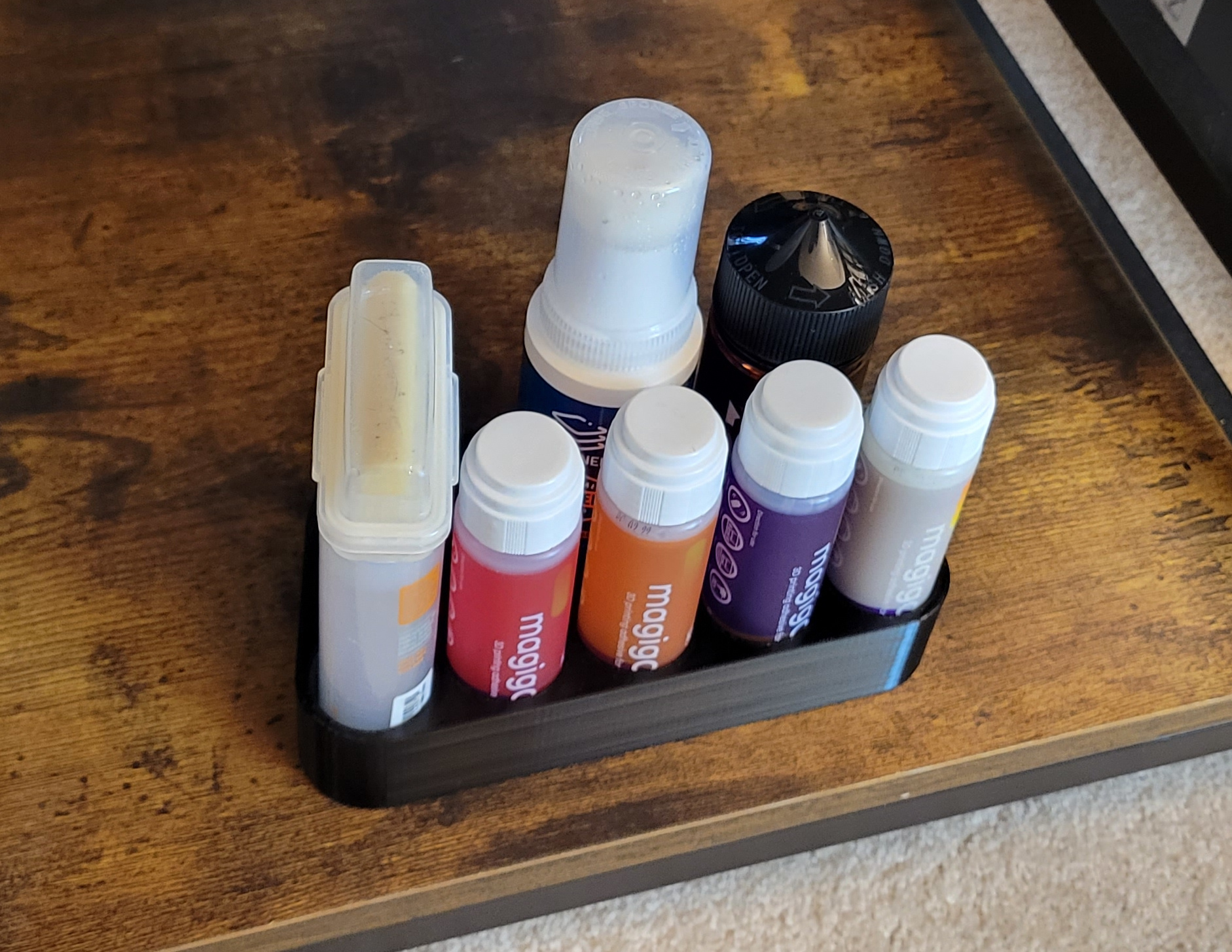 Adhesive organizer stand for magigoo, layerneer bed weld, and vision miner nano polymer bottles