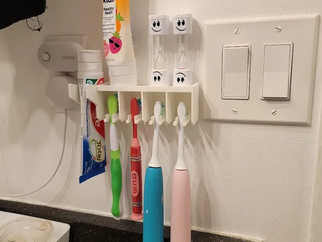 Wall mount bathroom toothbrush holder for 4 brushes, toothpaste and a shelf