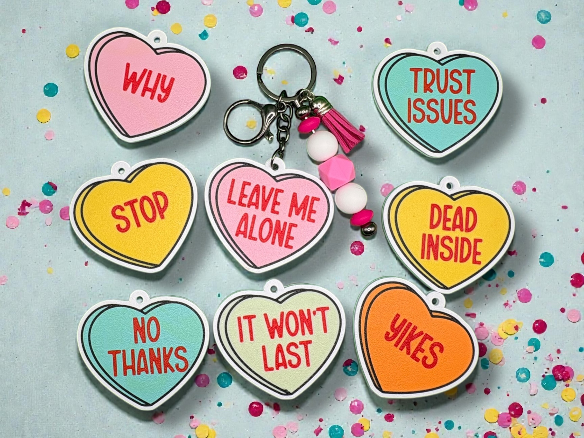 Anti-Valentine Conversation Hearts Keychain Set