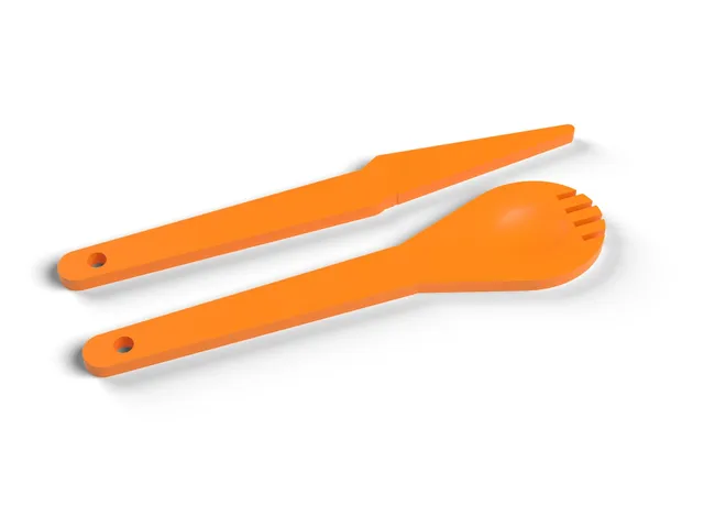 Camping Cutlery - Spork and Serrated Knife with Carabiner Holes, No Supports (OpenSCAD)