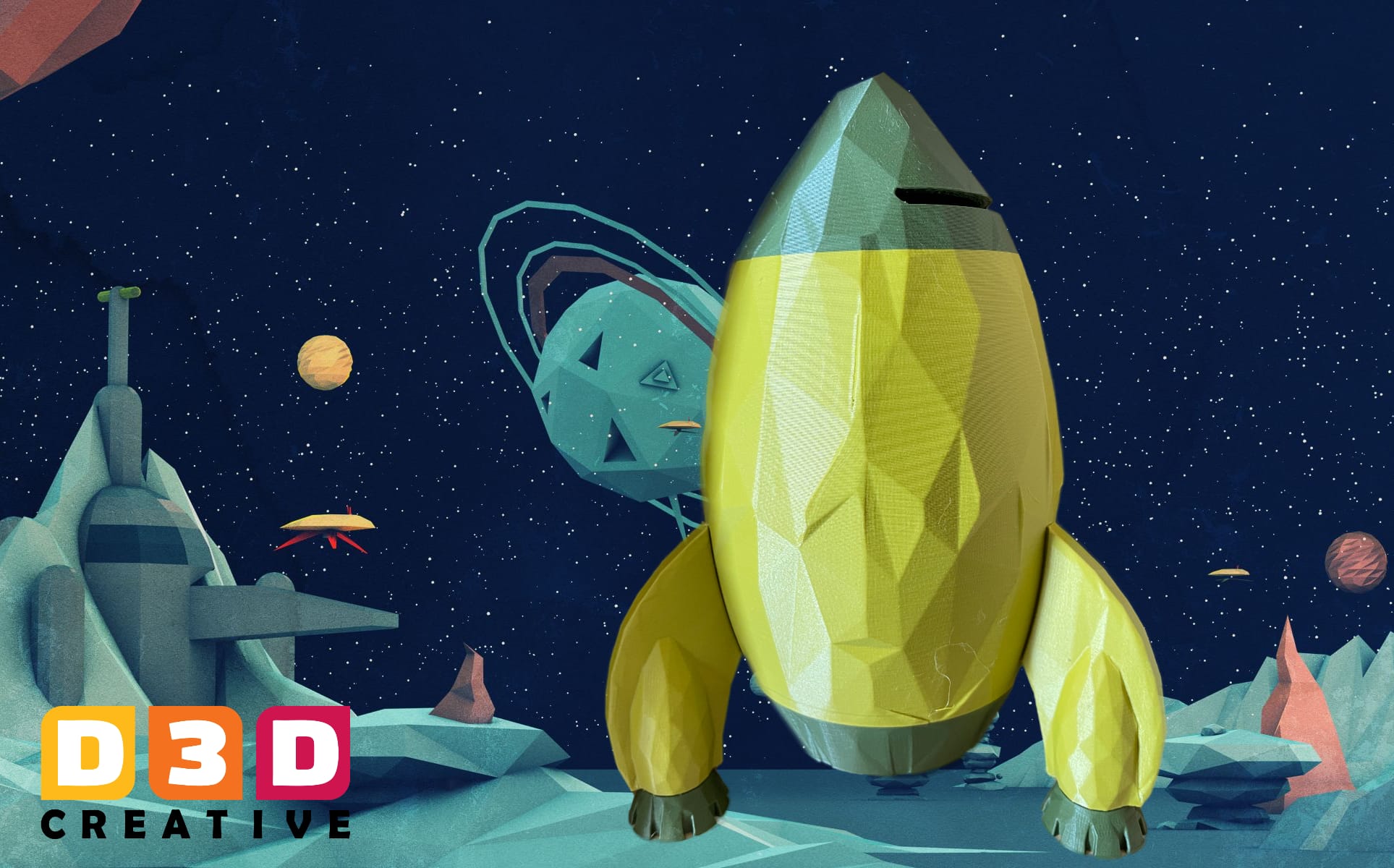 Low Poly Version Rocket Ship Money Savings Piggy Bank - Retro Rocket Ship