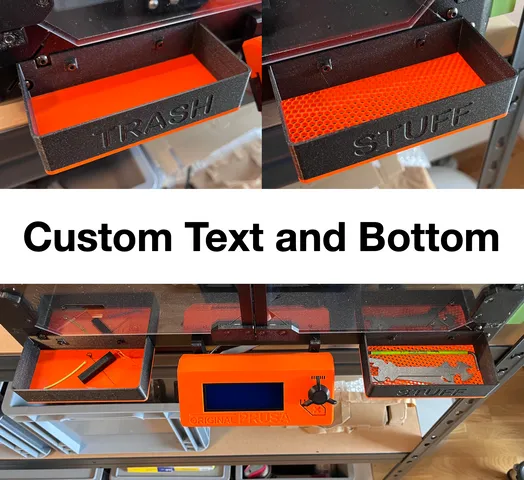 trash / tool box for Prusa Enclosure | custom text and bottom