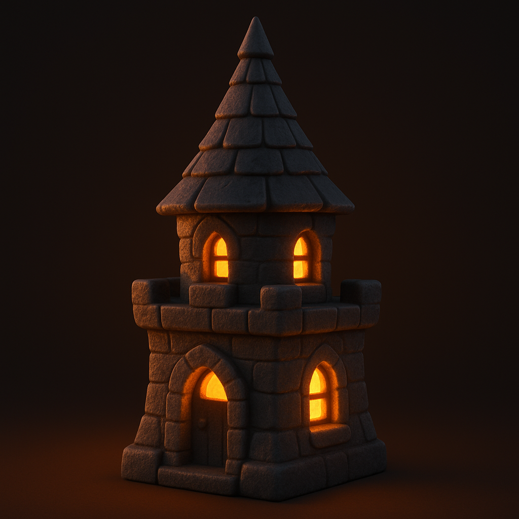A small stylized Halloween castle tower with pointed roof, stone texture, and tiny windows glowing with light