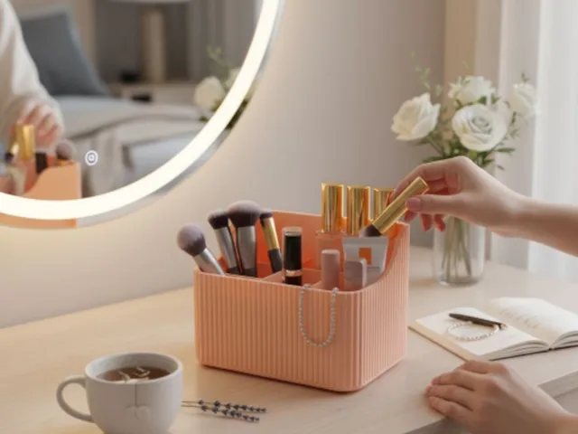 Ribbed makeup organizer with six compartments