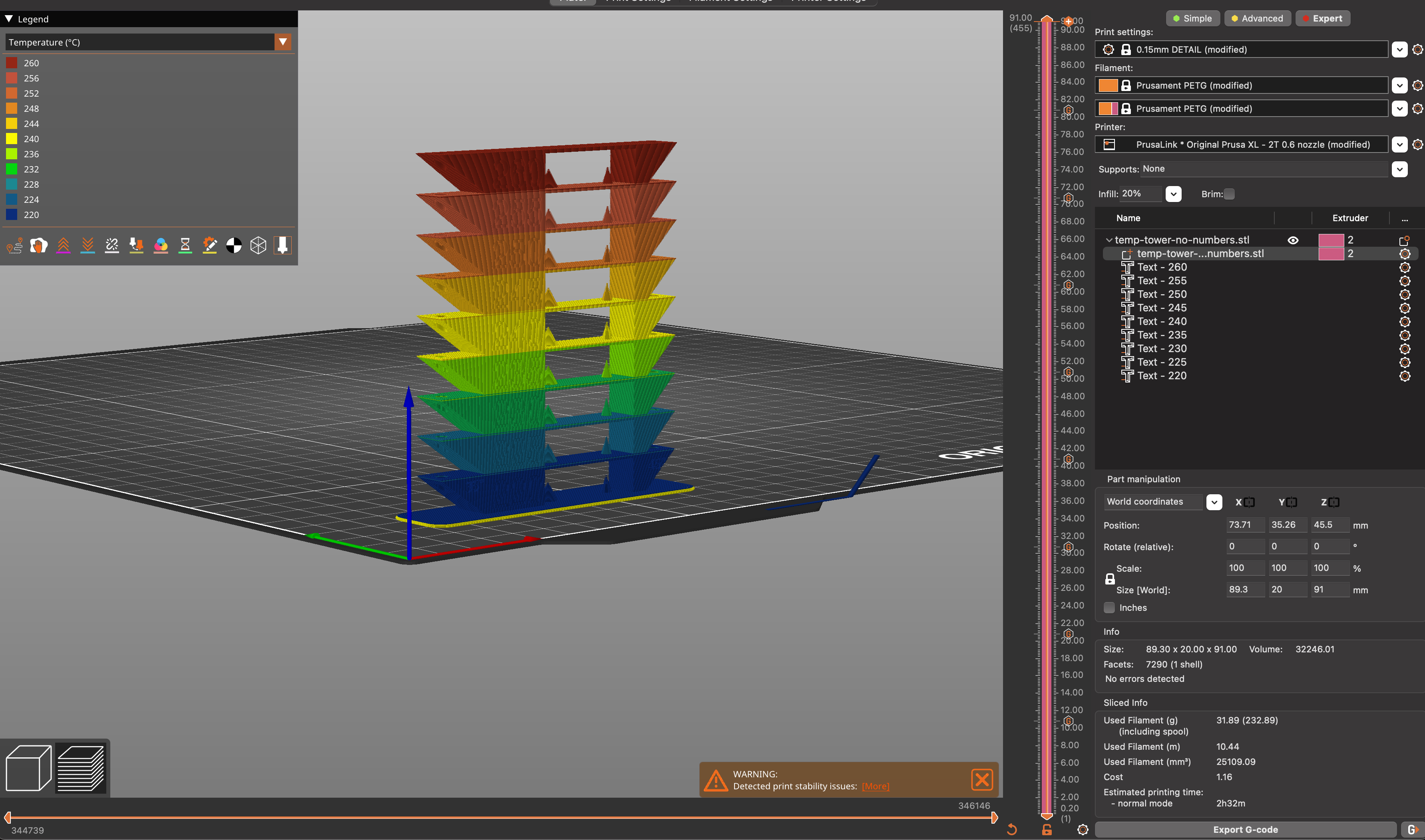 Prusa XL Tool-changer Temp Tower (PETG)