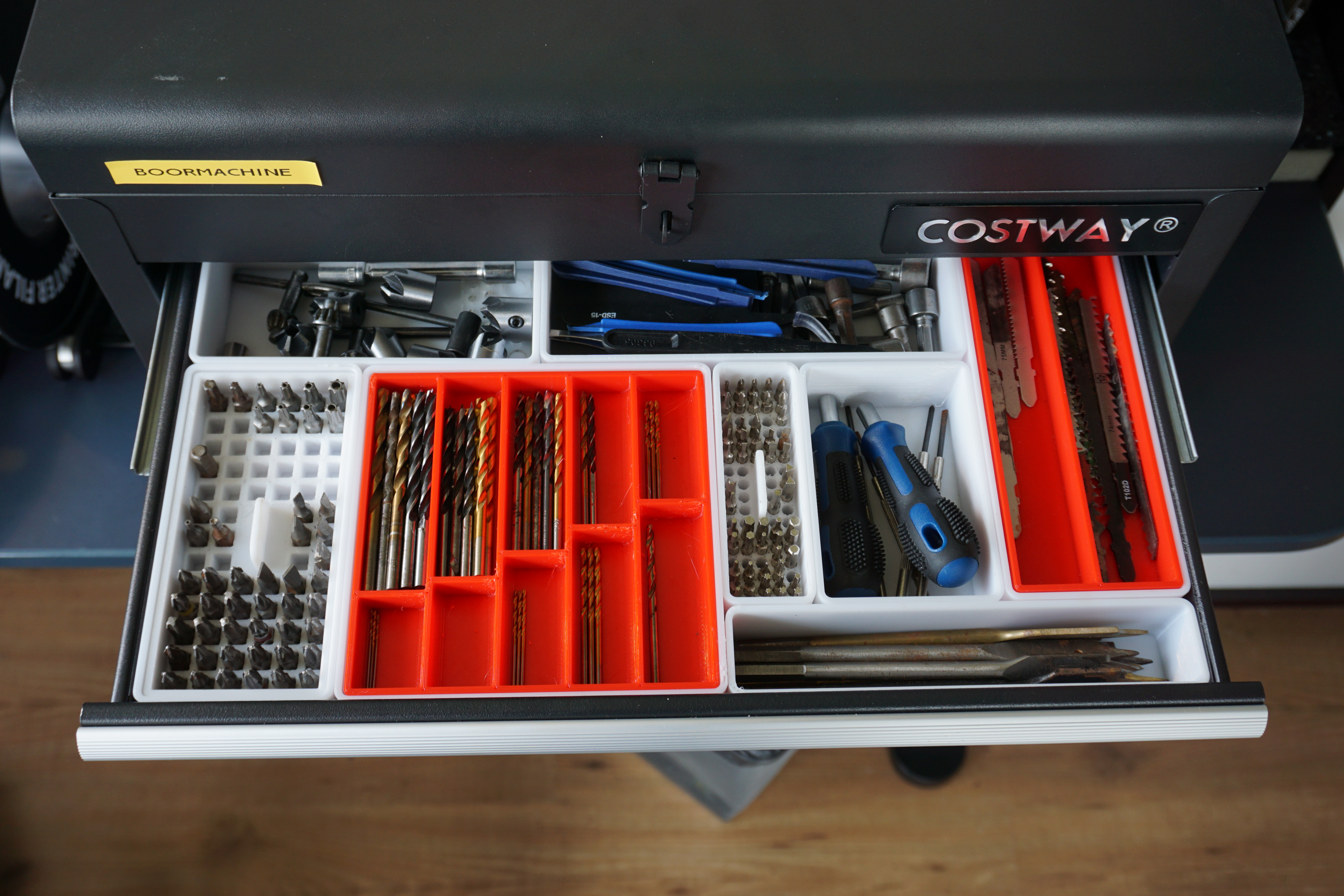 Drawer organization with inserts for tools, bits, drills and saws
