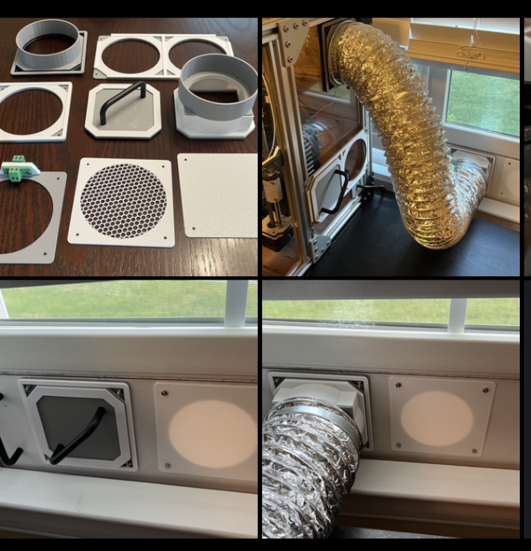 Magnetic printer enclosure vent system - negative pressure fume extractor system to vent out a window via dryer hose