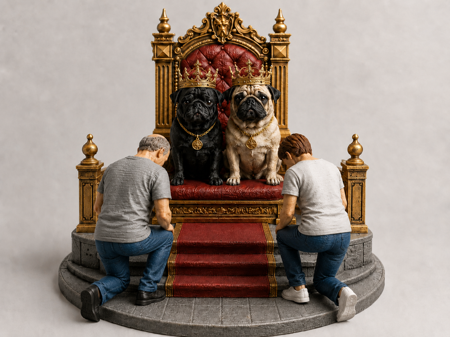 Mops Thron mit knicksenden Menschen/Pug throne with kinking people