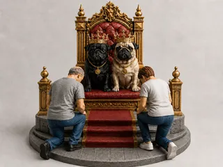 Mops Thron mit knicksenden Menschen/Pug throne with kinking people