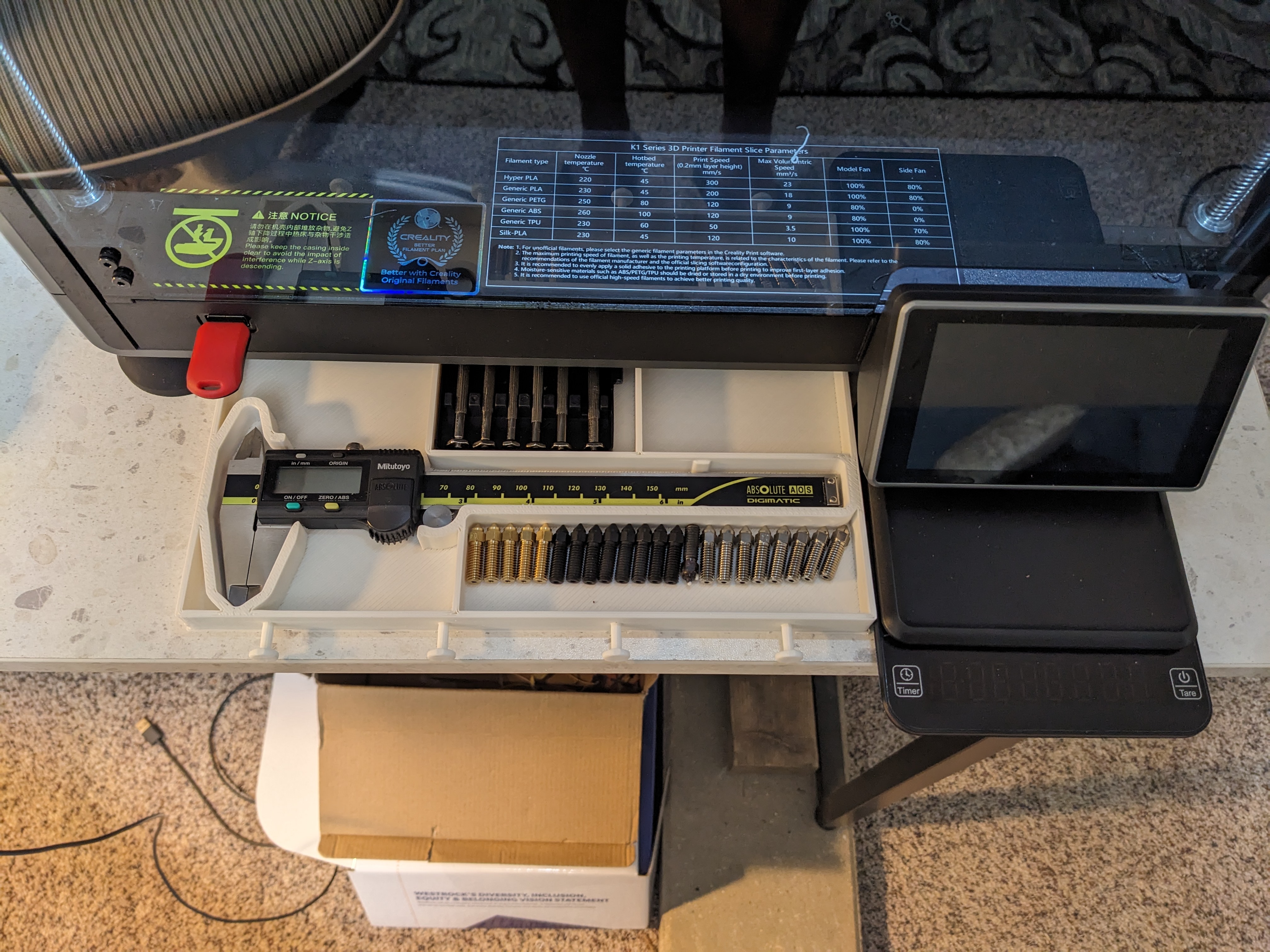 K1 Max Storage Tray Drawer with Mitutoyo 150 caliper slot