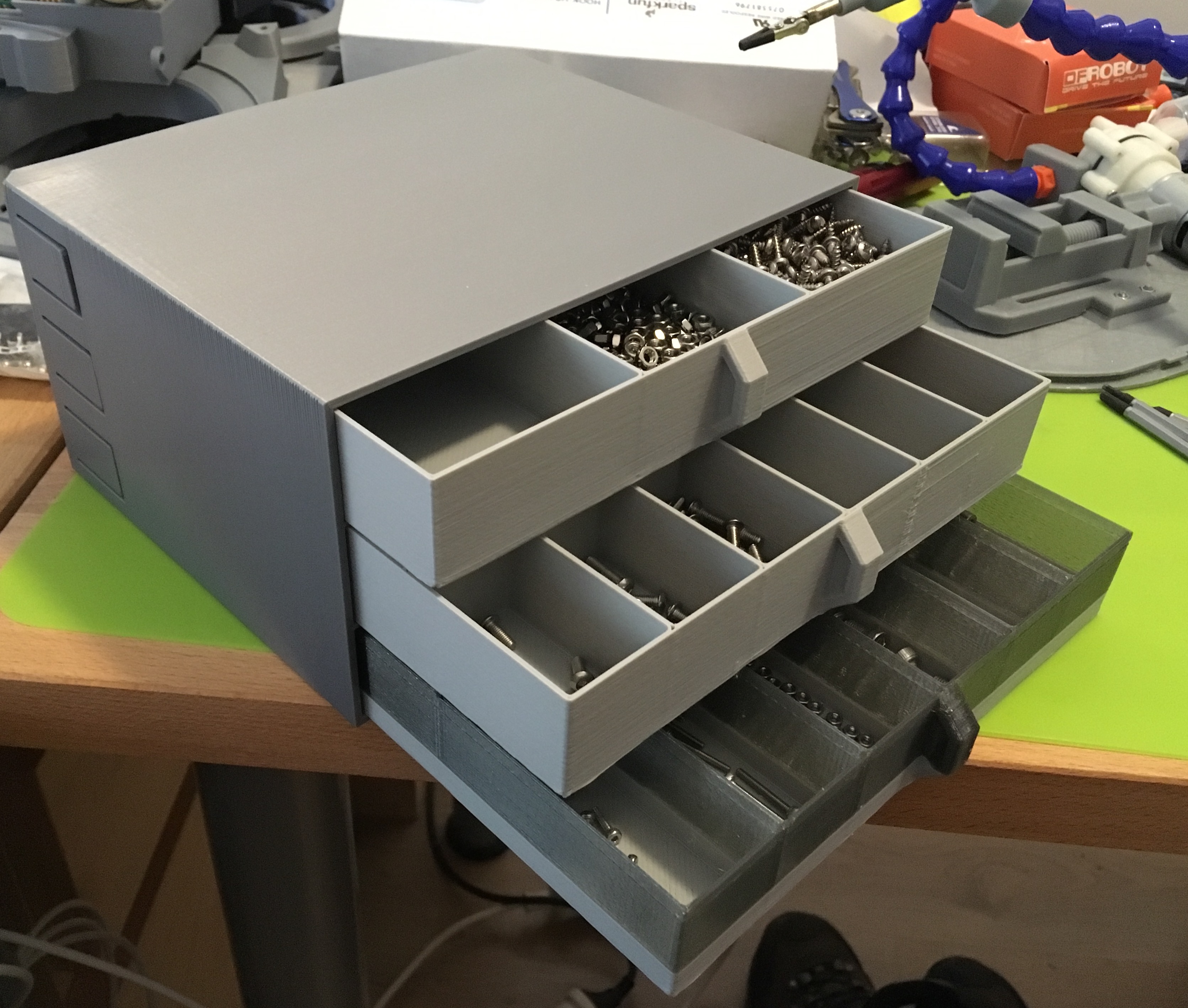 Screw and small parts storage container and drawers