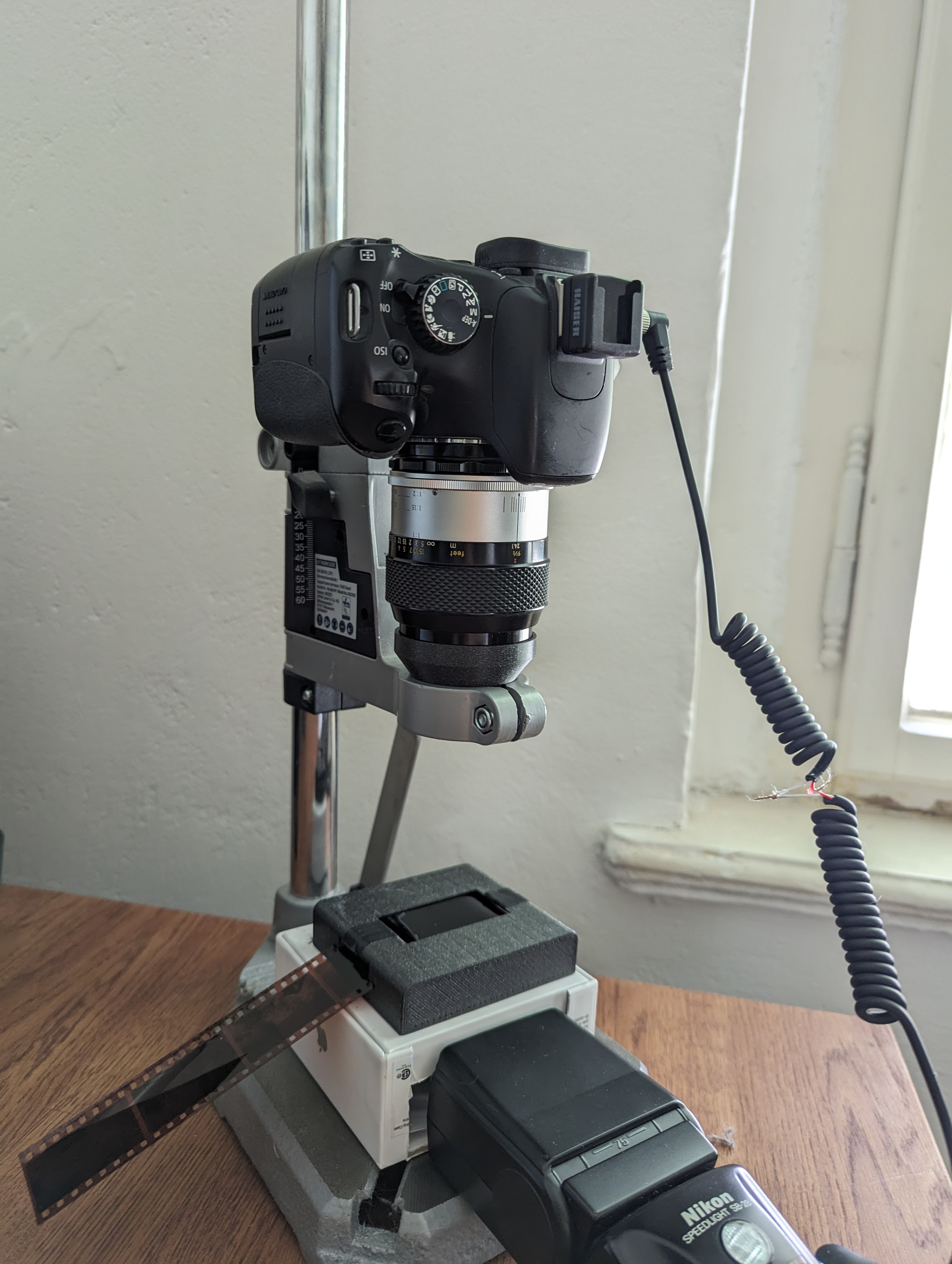 Lidl drill press adapter to Nikkor 55mm f3.5 macro lens for DSLR film scan