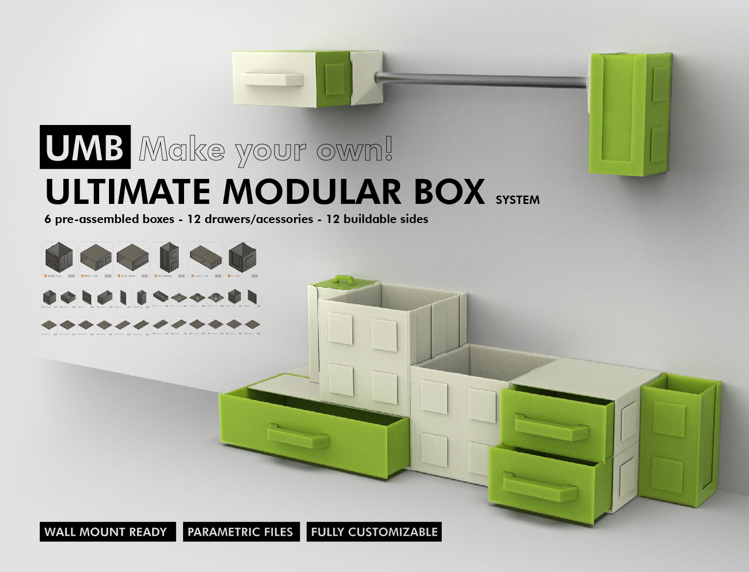 UMB - ULTIMATE MODULAR BOX SYSTEM! More than 30 parametric parts for you  customize your storage by R3Design, Download free STL model