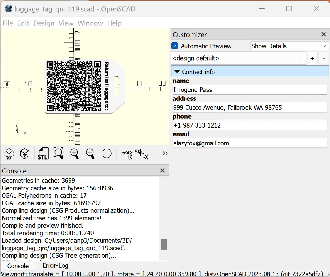 Small QR luggage tag (up to 119 characters) OpenSCAD by DP design