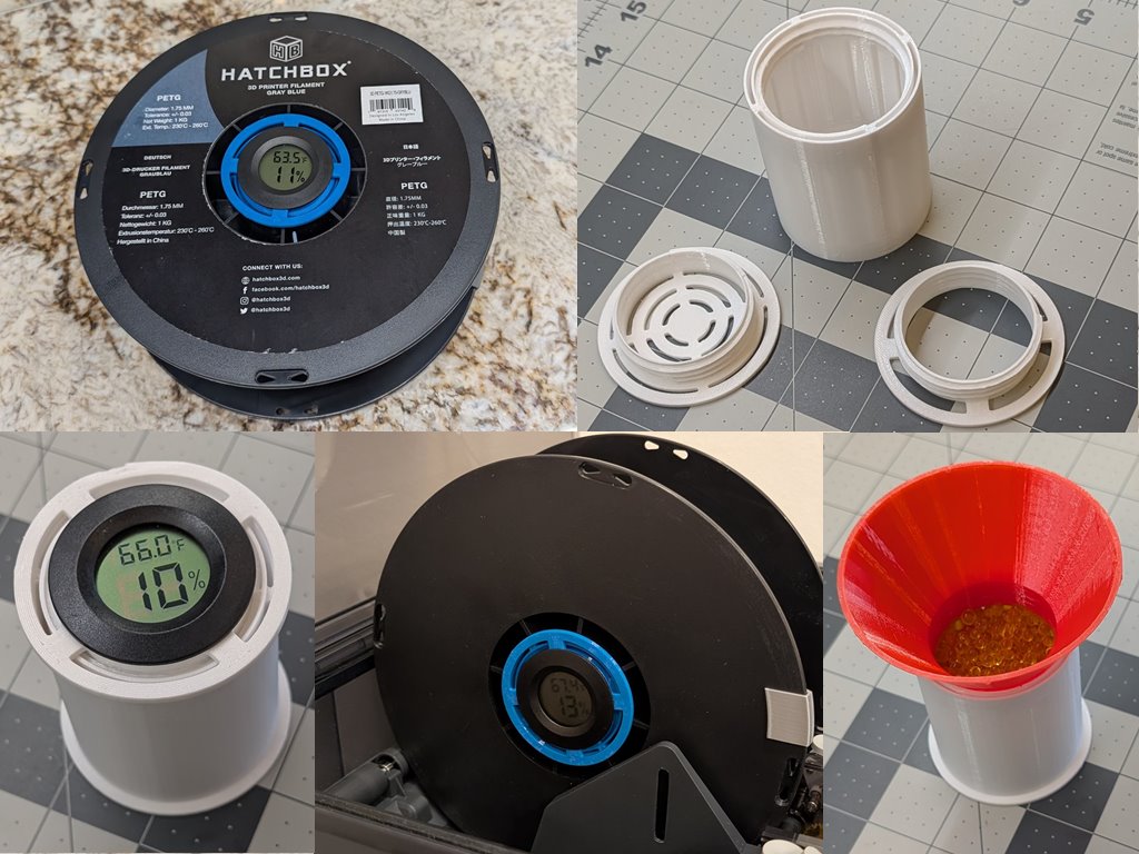 Dessicant Container - Fits in Filament Spool. Includes hygrometer lid, vented lid, funnel.