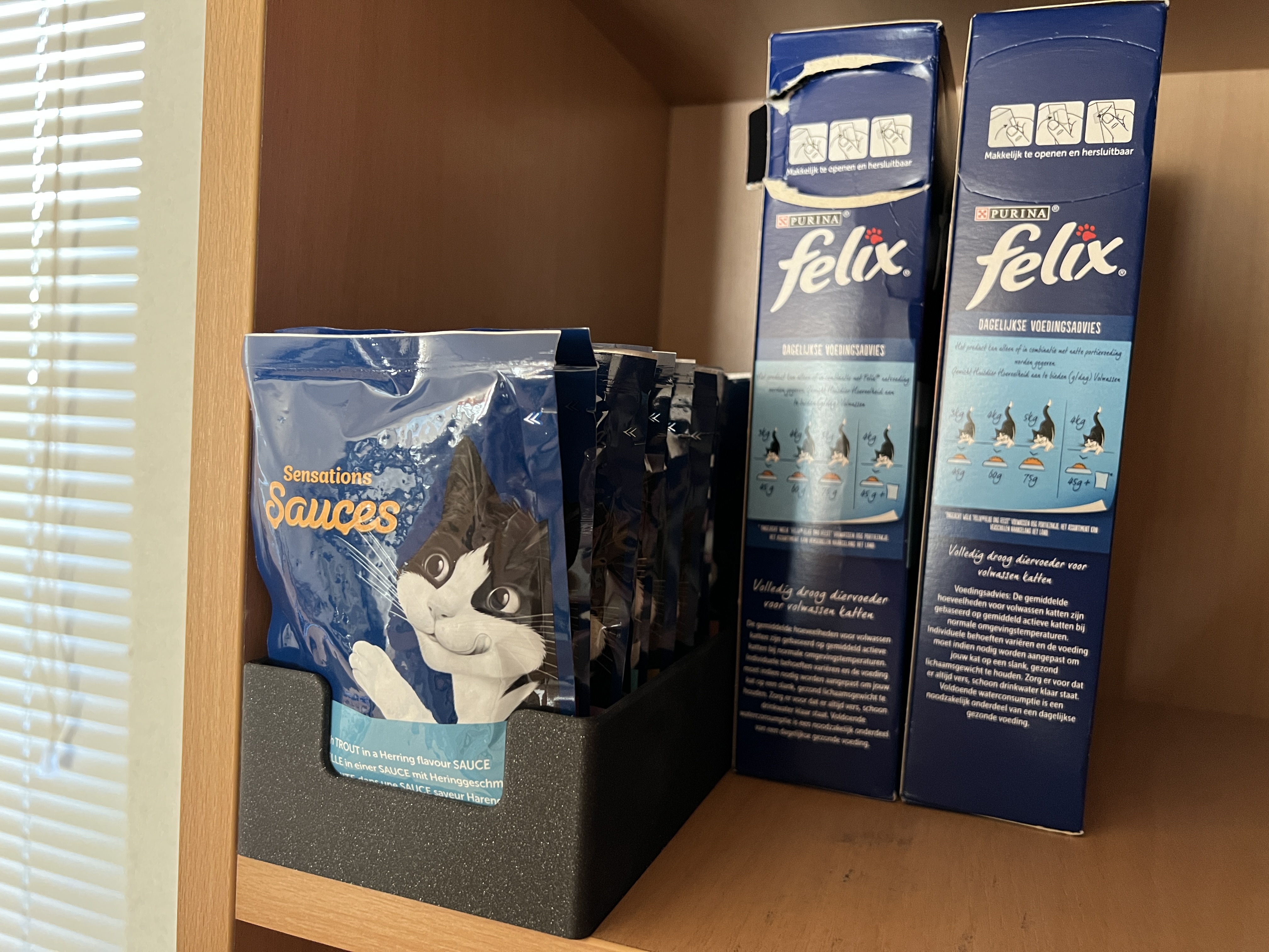 Cat food storage container for meal bags