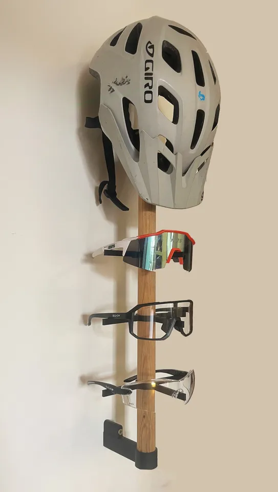 Bike gear helmet glasses holder wallmount wooden dowel by linus