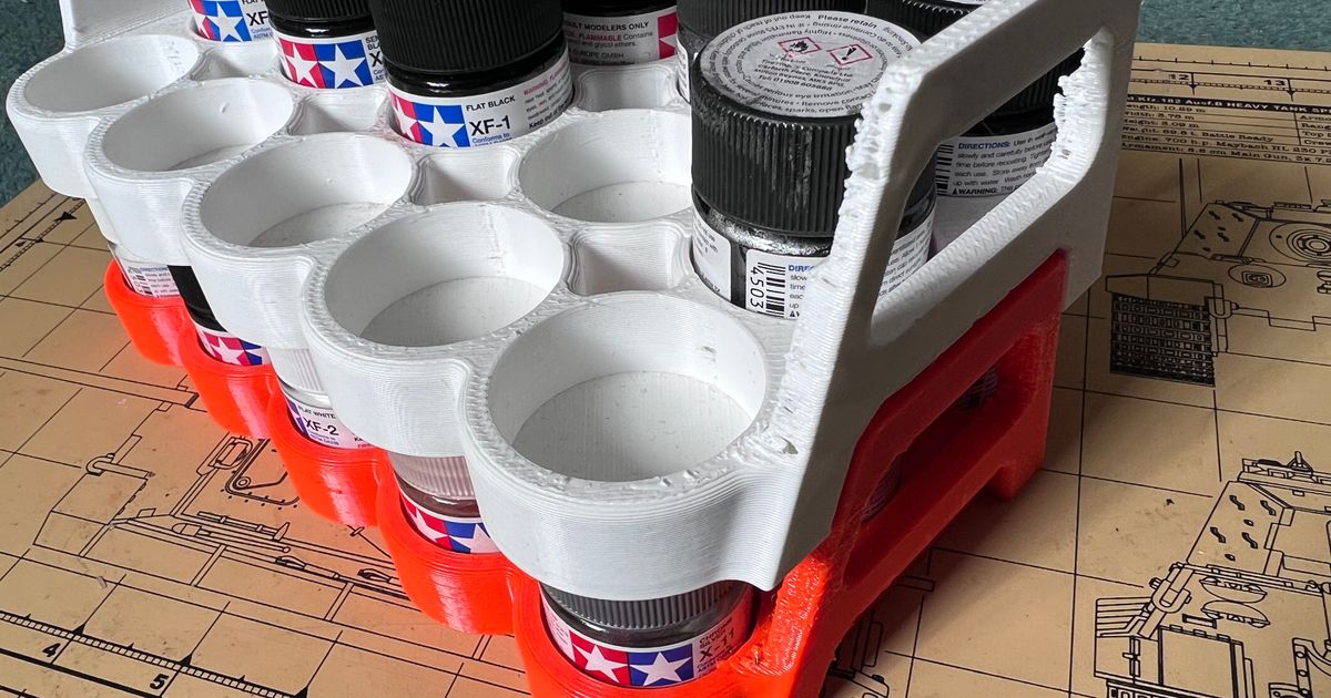 A stackable paint rack / carrier for 11 x 23ml Tamiya paint pots. by