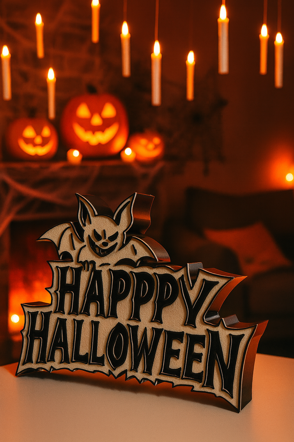 Happy Halloween Schriftzug mit Fledermaus