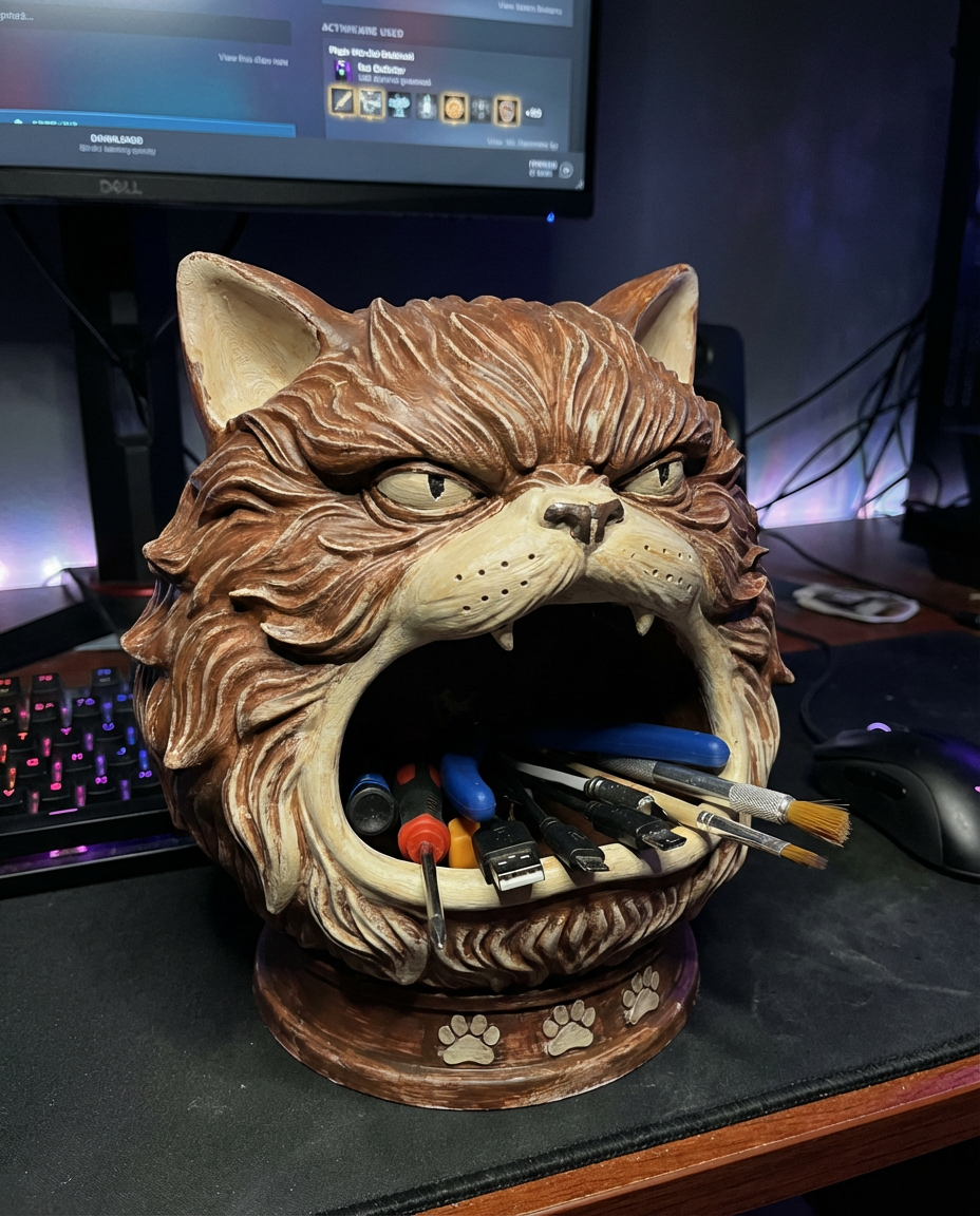 Angry Cat Tool Holder | Grumpy Feline Desk Organizer | Funny Cat Statue