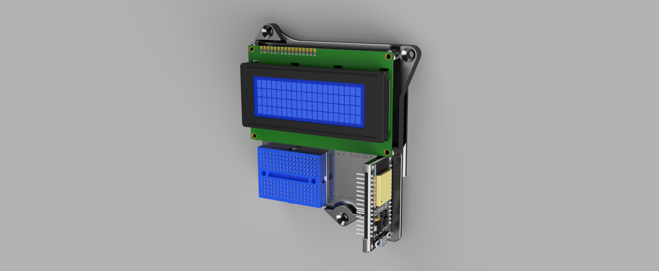 ESP32, 4x12 LCD and mini breadboard wallmount