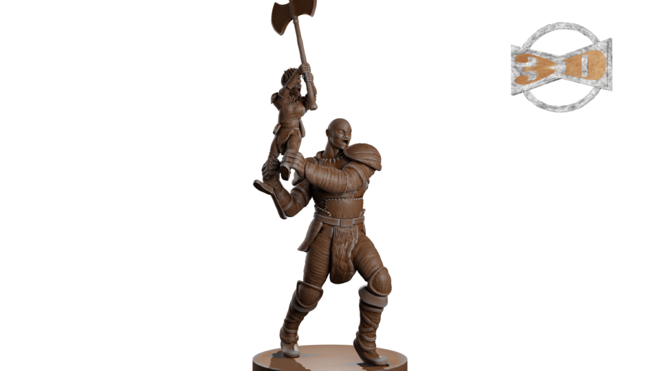 Goliath barbarian wielding a halfling barbarian wielding a battleaxe