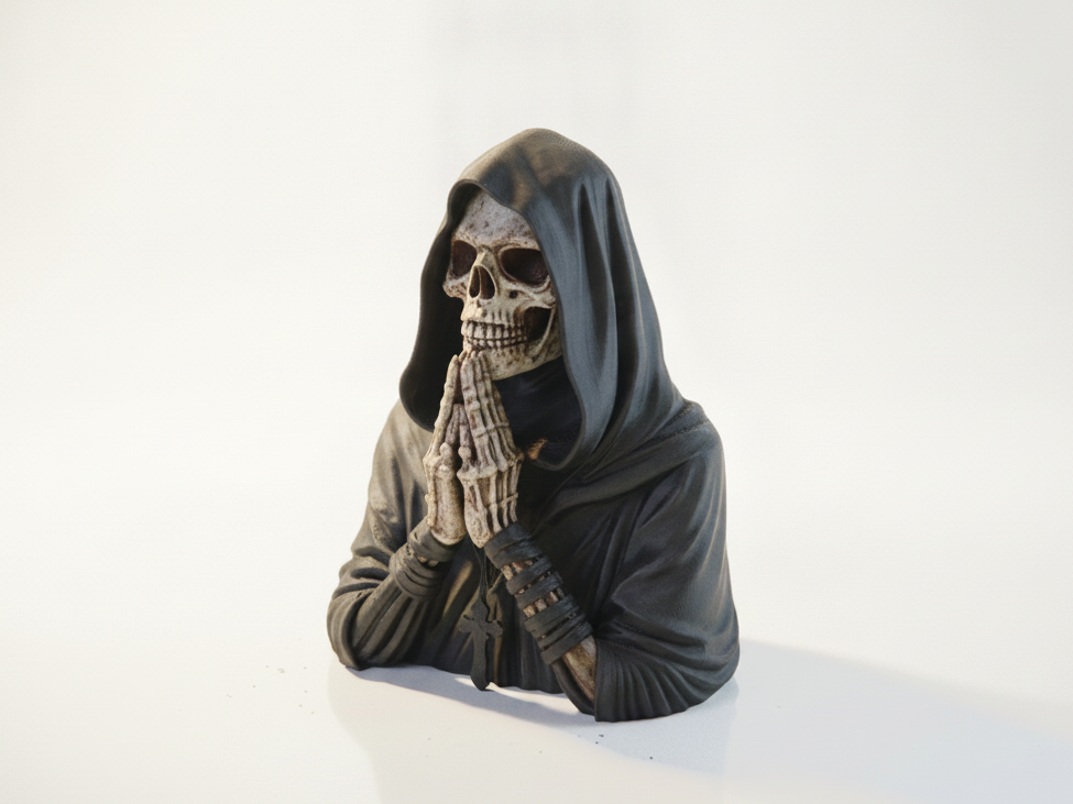 Praying Skull Hooded Figure Sculpture 3D Printable