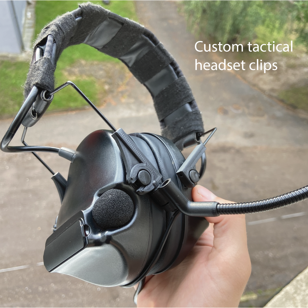 Clips/Brackets for hearing protection headsets. Slim and strong version. Suitable for most headpieces.