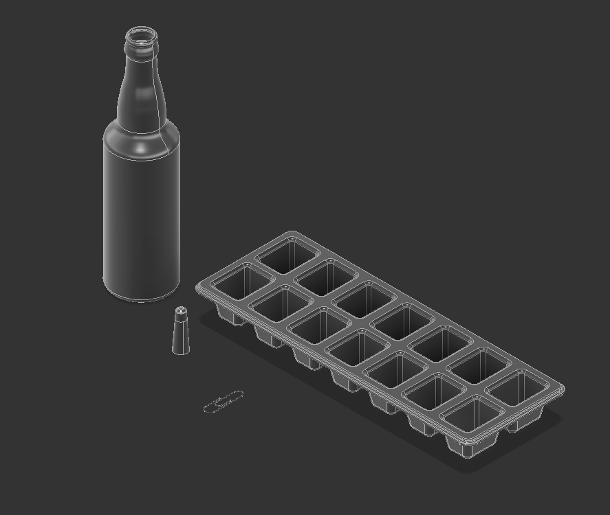 useless things ( soda bottle , ice tray , paper clip , pen cap)
