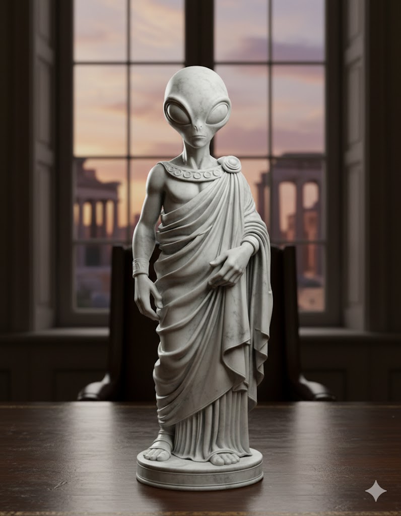statue of an alien in a toga and Greek style